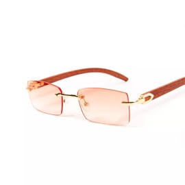 Unbranded Pink Tint Gold Frame Men's Women's Rimless Woodgrain Frameless Sunglasses