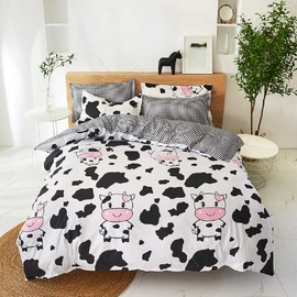 Cow Duvet Cover Kids Girls Black White Cow Print Bedding Set Twin Small Cow Milk Cartoon Bedding Cow Print Cartoon Duvet Covet Set Modern Plaid Decor Soft Reversible Comforter Cover for Teen Boys