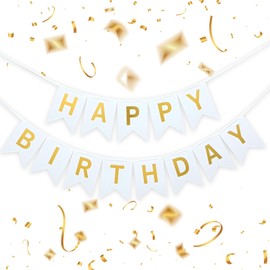 White Happy Birthday Banner With Shiny Gold Letters- 16 ft Pre-Strung Gold & White Birthday Party Decorations Sign for Girls, Boys, Kids, Women - No DIY Hanging Backdrop for Indoor & Outdoor Celebrations