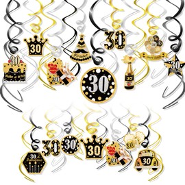 HOWAF 30th Birthday Party Decorations, 30pcs 30th Birthday Party Black Gold Hanging Swirls Ceiling Decorations Foil Swirls for Men 30th Birthday Decorations 30 Years Old Party Supplies