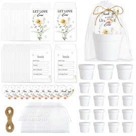 25 Sets Wedding Favors for Guests Bulk Include Let Love Grow Seed Packets White Flowerpot Thank You Tags Organza Gift Bags Hemp Ropes for Bridal Shower Wedding Party Favors Seed Envelopes(Flower)