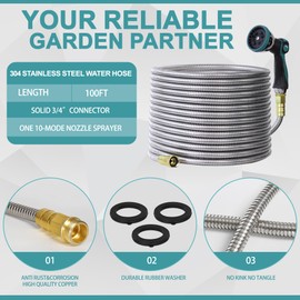 Numwot 100FT 5/8'' Garden Hose, 304 Stainless Steel Water Hose, Flexible with a 10-Mode Nozzle Sprayer, No Kink, Lightweight, Puncture Proof Metal Hose, Ideal for Yard, Lawn, Outdoor