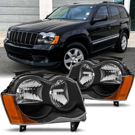 Aresparts 2PCS Headlight Assembly For 2008 2009 2010 Jeep Grand Cherokee(WK) Overland Laredo Limited SRT8 SUV Replacement Headlamps Black Housing Amber Reflector