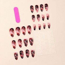 Generic Marble Gradient Nail Press on Almond Glossy Fake Nails with Glue Mirror Long Acrylic Stick on Nails for Women DIY Manicure