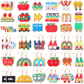 Yunlly 36 Pairs Teacher Earrings for Women Christmas Teacher Gifts Acrylic Apple Santa Claus Earrings for Xmas Party Favors(Modern)