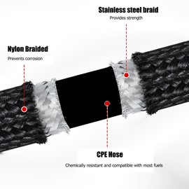 Universal 4AN/6AN/8AN/10AN Fuel Line CPE Fuel Hose 3/10/16/20FT Transmission Oil Cooler Lines Nylon Stainless Steel Braided Fuel Line Hose for Car/Truck/ATV (Black, AN8 10FT)