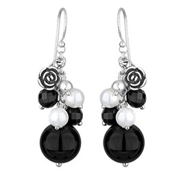 Elli Women's Rose Pendant Earrings with Onyx and Shell Pearls in 925 Sterling Silver, Rubber Rubber Shell, Onyx