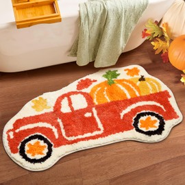 Fall Thanksgiving Pumpkin Truck Bath Mat Pickup Tufted Rug Autumn Floor Mat for Bathroom Kitchen Door Mat Plush Rug Soft Absorbent Bath Tub Carpet Holiday Room Decor Housewarming Gift