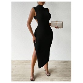 GORGLITTER Women's Open Back Bodycon Maxi Dress Cut Out Mock Neck Sleeveless Split Side Long Dresses Black X-Small