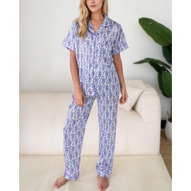 HINFEL 4PCS Satin Pjs for Women Set, Cute Silk Monkey Button Down Pajamas Set Y2k Bridal Loungewear Preppy Clothes Valentine's Day Birthday Gift(Purple, X-Small)