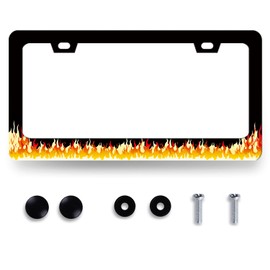 Red Flame License Plate Frame Burning Fire Colorful License Plate Stainless Steel Car Accessory Holder Funny License Plate Decoration Men Women s Size 12.2" x 6.2" with Screws