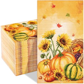 Homlouue 100 PCS Thanksgiving Napkins Disposable, 3-Ply Disposable Fall Paper Napkins for Thanksgiving Harvest Fall Party, Pumpkin & Sunflower Paper Guest Towels for Bathroom Kitchen Home Decoration