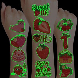 96PCS Strawberry Berry Pre-Cut Luminous Temporary Tattoos for Kids | Super Cute 1st Themed Birthday Party Favors, Supplies, Decorations, Funny Fake Tattoo Stickers