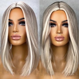 RHAH Glueless Pre plucked Ombre Ash Blonde Lace Front Wigs for Women White Grey Color Balayage Highlight Bob Hair Cut Silky Straight Japanese Synthetic Wigs Daily Natural Looking Heat Resiatant Wig