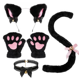 mefeny Cat Ear Headband Paw Gloves Tail Choker Set of 4 with Bell Included, Halloween Costume Accessories, Black