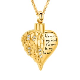 Cremation Jewelry Angel Wing Heart Urn Necklaces for Ashes for Women Men Memorial Lockets Pendant Engraved Always in my Mind Forever in my Heart, Stainless Steel, stainless steel