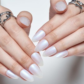 GLAMERMAID Pure White Press on Nails Short Almond, Glazed Medium Fake Nails Handmade Soft Jelly Gel, Donut Chrome Stiletto Glue on Nails, Glitter Oval Acrylic False Nails Stick on Nails Kit for Women