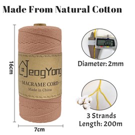 JeogYong Macrame Cord 2mm x 218 Yards, 3-Strand Twisted Natural Cotton Rope, Cotton String Coloured Craft Cord for Plant Hanger Wall Hanging Knitting Crafts, Apricot Color