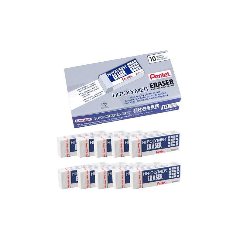 Pentel Hi-Polymer Block Eraser, Large, White, Pack of 10 (ZEH10PC10)