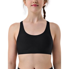 Wingslove Girls Training Seamless Sports Bra for Ages 10-17 Wireless Cross Back Teen Bras with Removable Light Padding (Black,M)