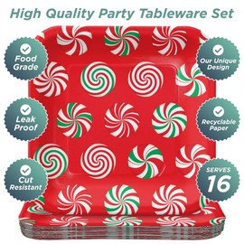 HOME & HOOPLA Peppermint Party Supplies - Red & Green Candy Swirls Square Paper Dinner Plates for 16 Guests