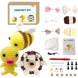 Yeria Crochet Set for Beginners - DIY Crochet Set with Bee, Hedgehog & Duck - Complete Amigurumi Set with Video Tutorial for Children & Adults - Creative Gift for Craft Fans