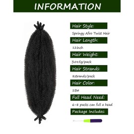 3 Packs Springy Afro Twist Hair with Crochet Hook, 12 Inch Pre-Separated Marley Crochet Braiding Hair for Distressed Soft Locs, Natural Black Synthetic Hair Extension for Women(1B#)