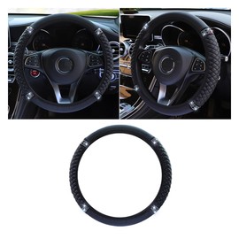 Bling Soft Leather Steering Wheel Cover, 15 Inch Colorful Rhinestones Auto Elastic Protector with Crystal Diamond for Women Girls, Car Accessories for Most Cars, SUVs (Black)