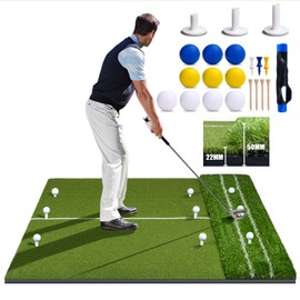 SIOTMERA 5x4ft Golf Mat -Dual-Turf Golf Hitting Mat with Alignment Lines 1 Golf Grip Trainer 10 Balls &10 Tees for Swing, Chipping & Driving Training-10mm High-Elasticity EVA Base for Indoor/Outdoor