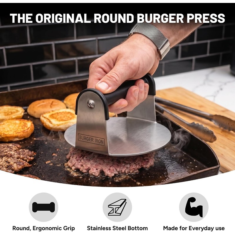 Burger Iron Smash Burger Press, 6 Inch Burger Press, Stainless
