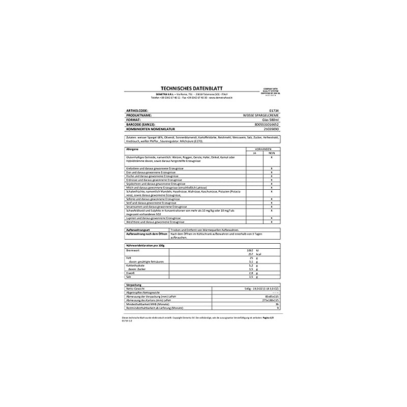 White asparagus Cream Capricci 540 gr. - Demetra