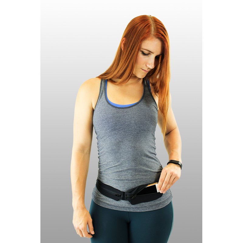 SPI Glide Buckle-Less, Adjustable Twin Pocket Running Belt (Black)