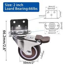 2 inch Side Mount Casters, L-Shaped Heavy Duty Casters Rollers, Caster Wheels Metal 360 Degree Ball Bearing, Load 264lbs Rubber Swivel Caster Wheels with 2 Brakes, for Furniture Cabinet Bed (4pcs set)