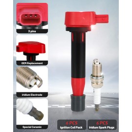 ATBIZZLE Ignition Coil Packs UF242 and Iridium Spark Plugs 4503 Fits for Honda Accord Odyssey Acura TL CL 3.0L 3.2L 3.5L V6 1999 2000 2001 2002 2003 2004 2005 2006 2007, Set of 6, # 30520-P8E-A01, Red