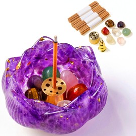 Amethyst Resin Crystal Lotus Incense Burner with Removable Ash Collector - 15pcs Set for Meditation Room, Yoga & Home Decor