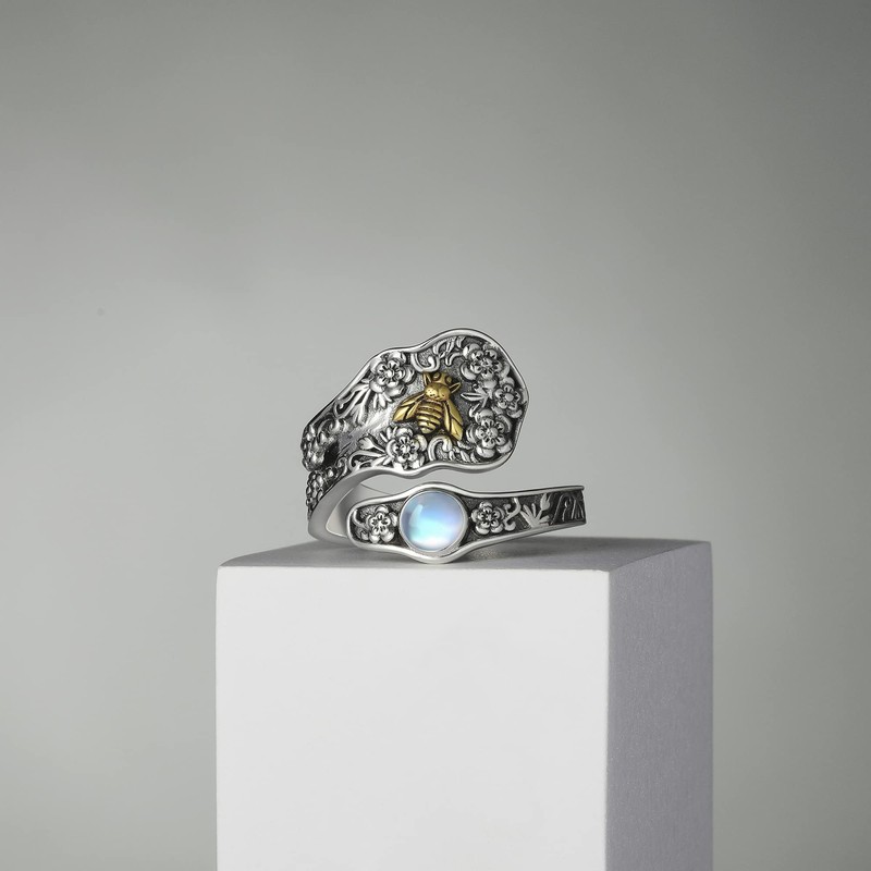 HUKKUN Bee/Skull Spoon Ring Sterling Silve Turquoise/Amethyst/Opal/Moonstone/Lapis Lazuli/Malachite Spoon Rings