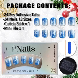 24Pcs Christmas Press on Nails Short Square Nails Blue Fake Nails with Glue White Snowflake Acrylic Nails Design Full Cover Xmas Nails Stick on Nails Winter Holiday False Nails for Women Girls