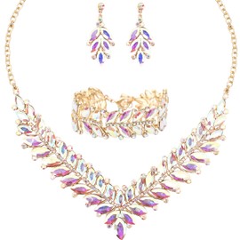 Enrwin 3Pcs/Set Austrian Crystal Necklace Earrings Bracelet Jewelry Set For Bride Bridal Bridesmaid Wedding Prom Evening Party Costume Jewelry Set Accessories Gifts for Women (AB Crystal-Gold Plated)