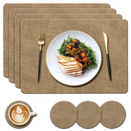 YUNJUER Leather Placemats and Coasters Set, Heat-Resistant 212 °F, Non-Slip and Waterproof, Easy to Clean, PU Tablemats for Home, Kitchen, Restaurant, Outdoor Dining Table, 8 Pieces, 43x30cm, (Beige)