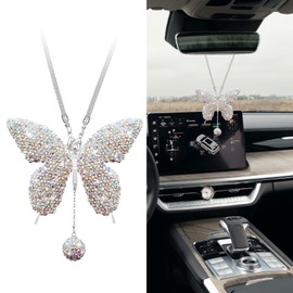 QZTYTY Bling Butterfly Diamond Car Accessories, Car Mirror Hanging Accessories, Crystal Rhinestone Auto Rear View Mirror Charms, Lucky Diamond Auto Hanging Ornament Pendant for All Cars (Light Blue)