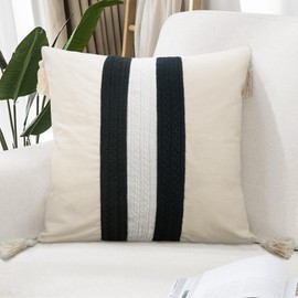 Merrycolor Boho Throw Pillow Covers 18x18 with Tassels Patchwork Black and Cream White Pillow Covers Neutral Pillows Farmhous Pillow Covers Decorative Pillows for Couch Sofa Bed Living Room, 1PC
