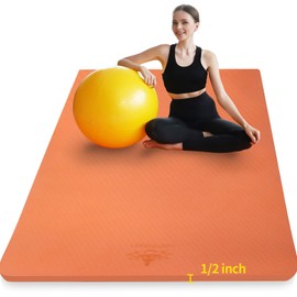 Hatha Yoga Large TPE Yoga Mat 6'x4'x1/2" Extra Thick Non-Slip Exercise Mat - for Yoga Pilates & Home Gym Workouts(Orange)