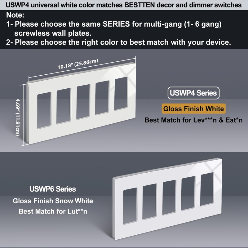 2 Pack BESTTEN 5-Gang Screwless Wall Plate, USWP4 Off White