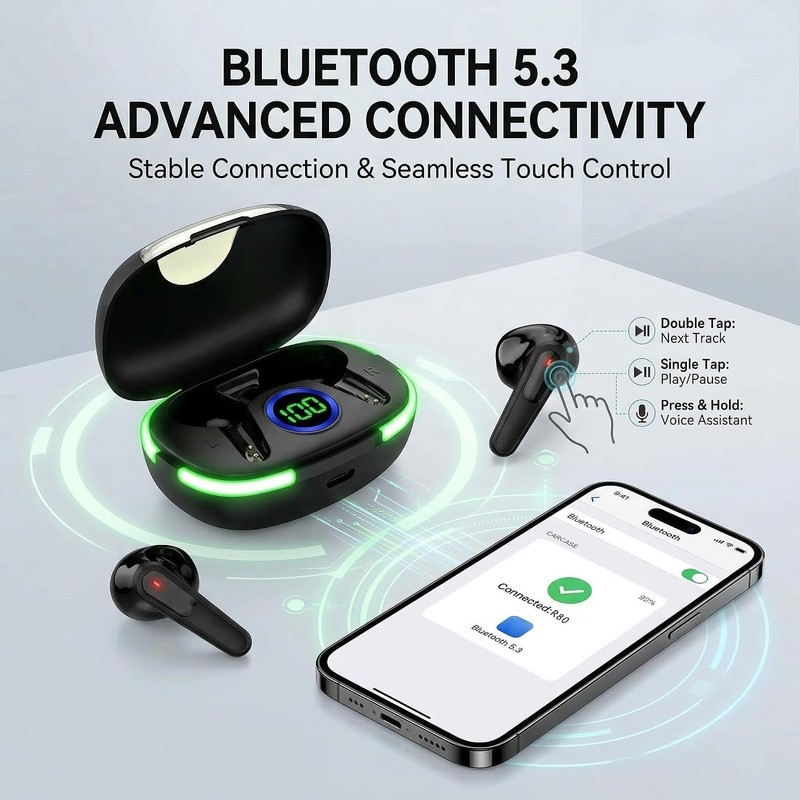 Wireless Earbuds with Deep Bass, Stereo Sound, and Noise-Canceling Design