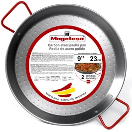 MAGEFESA 9" Carbon Steel Paella Pan – 23 cm - 1 Serving, Durable & Lightweight with Dimpled Surface, Ideal for Outdoor Cooking & Traditional Valencian Paella
