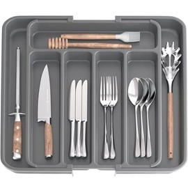 AUJEN Cutlery Tray for Drawers, Removable Cutlery Tray for Drawers, Practical Drawer Insert, Expandable Drawer Organiser, Efficient and Versatile Kitchen Organiser, Grey