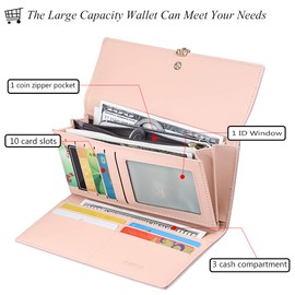 FT FUNTOR PU Leather Wallet for Women RFID Blocking Ladies Leaf Pendant Coin Zipper Long Purse with Multiple Card Slots and Card Holders Phone Pocket(L-Teal Blue)