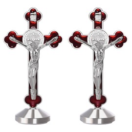 2 Pieces 3 Inch Metal Enamel Standing Crucifix Glow in The Dark Saint Benedict Medal Crucifix Wall Cross Religious Gifts,Sticker on bottom to stick on Table Car Altar (Red)