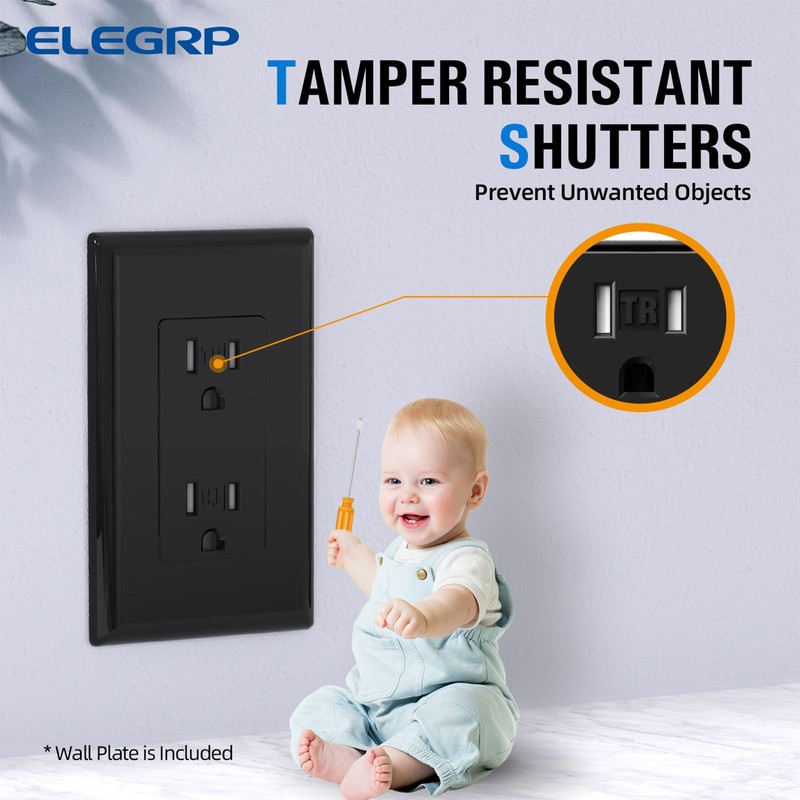 ELEGRP Decorator Wall Receptacle Outlet, Tamper Resistant 15A 125V Standard