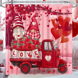 Valentines Day Shower Curtain Gnome Truck Valentine's Day Shower Curtain for Bathroom Valentine Romantic Red Heart Aesthetic Fabric Waterproof Cute Bathroom Shower Curtains Set with Hooks 72x72 Inch